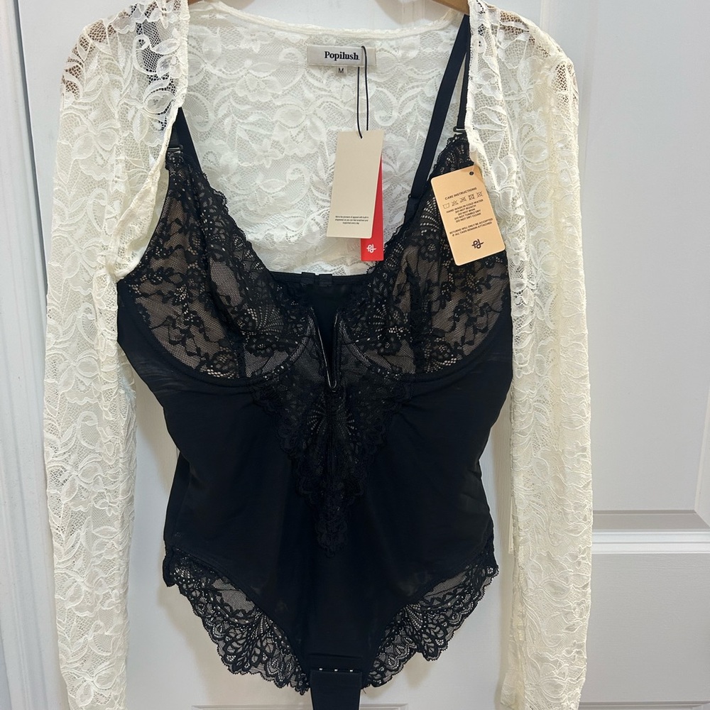 BNWT Popilush Black Lace Bodysuit L with Free Cream Lace Cover M